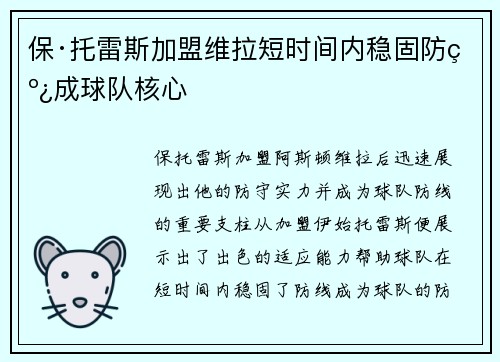 保·托雷斯加盟维拉短时间内稳固防线成球队核心 保·托雷斯加盟维拉短时间内稳固防线成球队核心