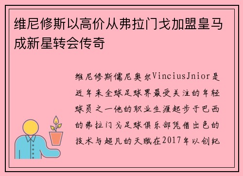 维尼修斯以高价从弗拉门戈加盟皇马成新星转会传奇