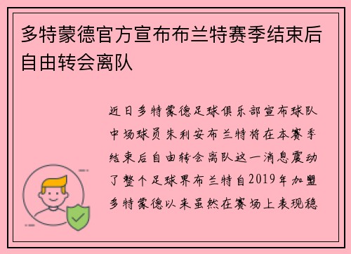 多特蒙德官方宣布布兰特赛季结束后自由转会离队